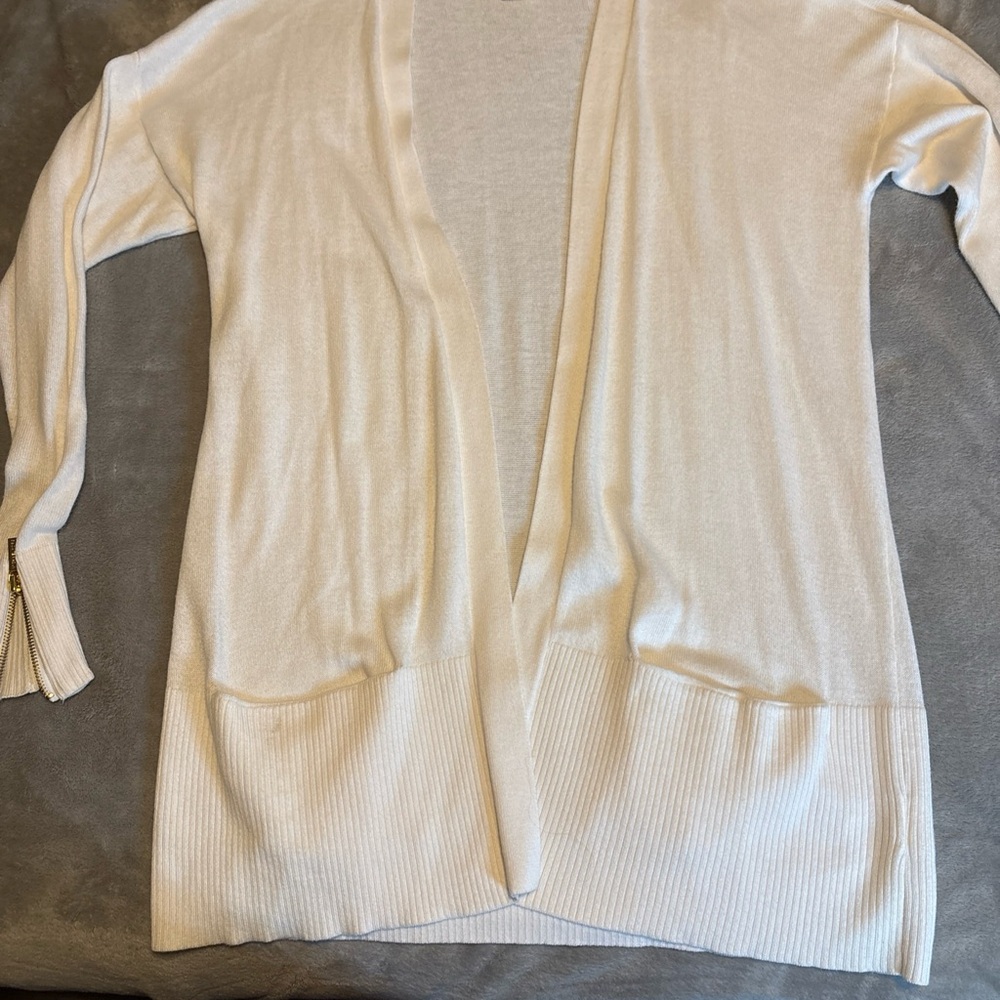 Michael Kors Cream Open-Front Cardigan with gold zipper sleeves size small